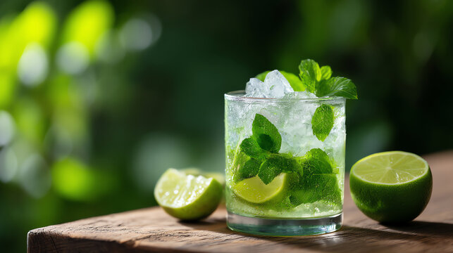 A refreshing mojito cocktail with crushed ice, fresh mint leaves, and lime wedges on a wooden surface against a blurred green background