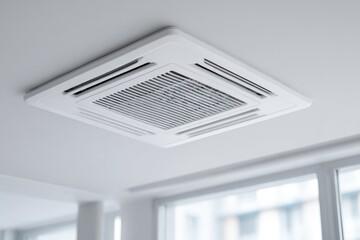 Modern white ceiling-mounted HVAC unit, angled view, with blurred windows and bright interior