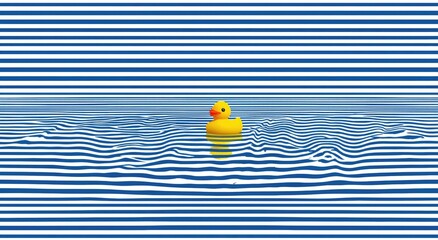 A yellow rubber duck floats in water, with distorted stripes in a blue-and-white pattern