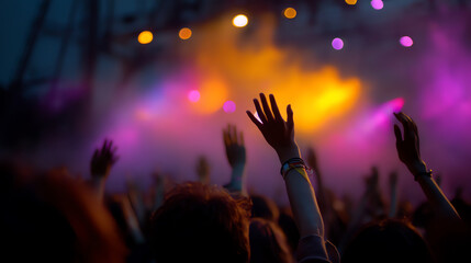 Concert crowd with raised hands enjoying vibrant stage lights in purple and orange hues, capturing the energetic atmosphere of a live music event