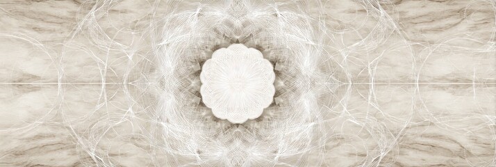 An abstract, symmetrical design featuring a central floral element with soft, textured layers and lines