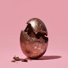 An overhead view of a partially broken chocolate egg with fragments, set against a pink backdrop