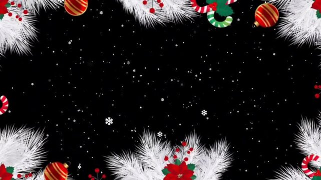 Festive Christmas holiday decorations frame with snow falling
