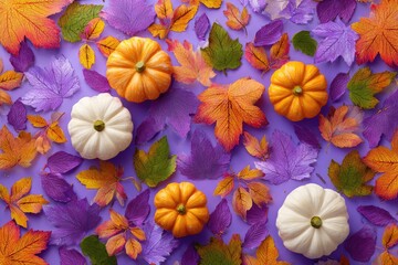 Autumnal still life pumpkins and vibrant leaves arranged on a purple background