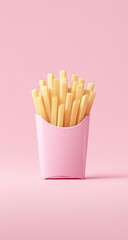 Studio shot of golden french fries in a pastel pink container, centered on a pink background