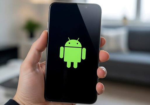 Android phone held in hand displaying the android logo icon image