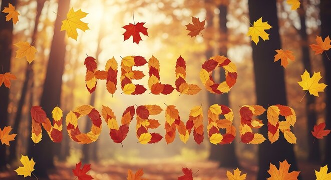 Autumnal greeting with colorful leaves and stylized text against a blurred forest background