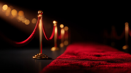 Red carpet event setup with golden stanchions and red velvet ropes, illuminated by warm spotlights against a dark background, evoking luxury and exclusivity