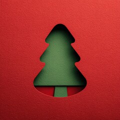 A Christmas tree cutout in red paper revealing a green tree underneath for holiday imagery