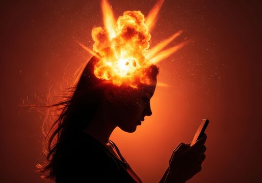 Silhouette of a womans head exploding with fire and light, holding a smartphone, symbolizing mental overload, stress, or a powerful idea