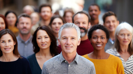 Obraz premium A diverse group of people of various ages and ethnicities stand together, smiling and looking confidently at the camera in a friendly and inclusive setting