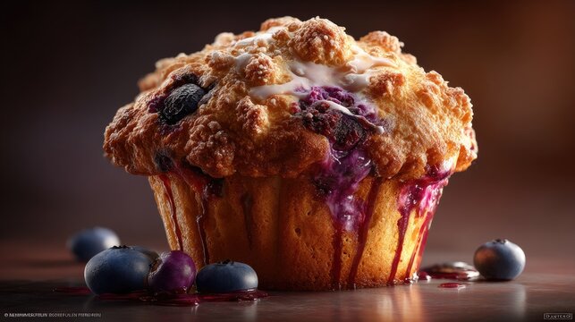 Freshly Baked Blueberry Muffin with Juicy Berries and Crumbly Topping on Wooden Surface - Powered by Adobe