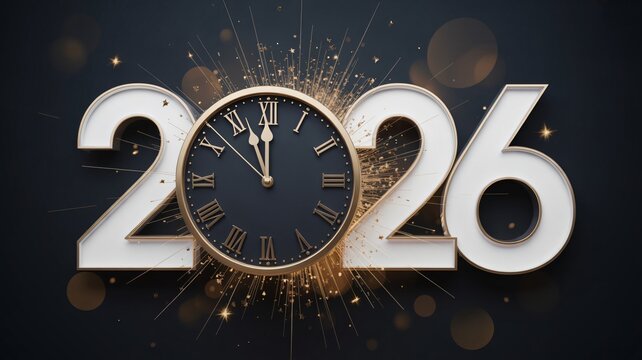 Elegant 2026 New Year's Eve countdown with sparkling gold accents and sophisticated clock design, perfect for celebrations and promotions