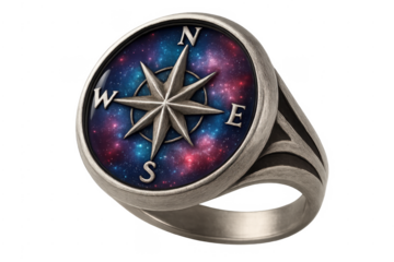 Silver compass rose ring with galaxy space background