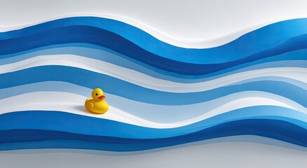 Playful shot of a small, yellow rubber bird floating through blue wave-like abstract art