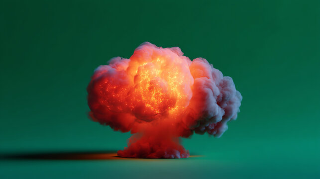 A fiery explosion resembling a mushroom cloud emits bright orange and red flames, with thick, billowing smoke against a solid green background