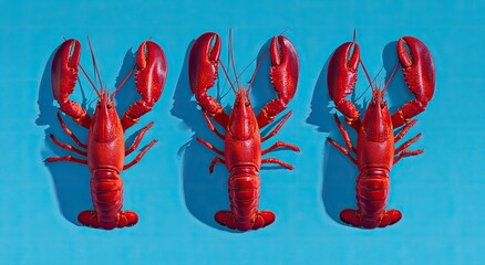 Three cooked crustaceans with vivid red shells are arranged on a bright turquoise backdrop