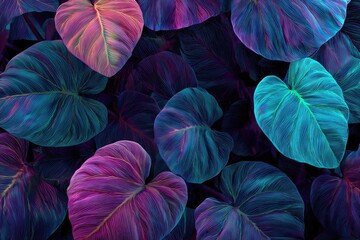 Close-up of large leaves with vibrant teal, purple, and pink hues, creating an abstract design