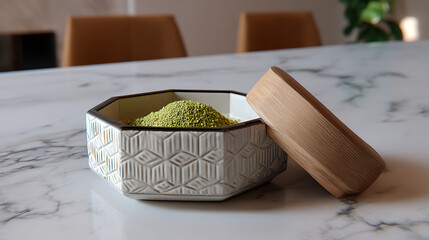 Matcha powder preparation kitchen food photography modern design close-up view culinary art