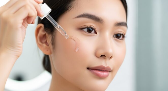 Young Asian woman diligently applying a hydrating facial serum with a dropper onto her cheek, emphasizing a nourishing skincare routine for a healthy and radiant complexion