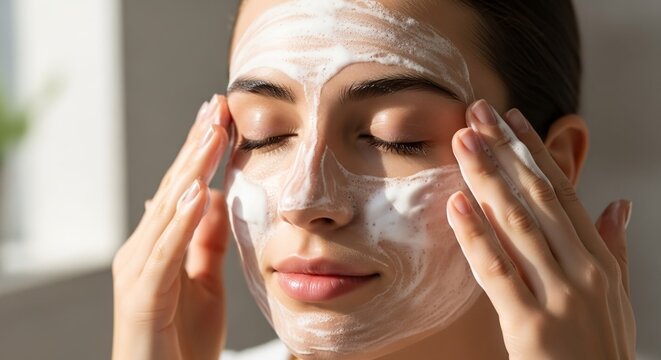 Close-up of a young woman enjoying her self-care skincare routine, gently applying a creamy face mask or cleanser to her skin in natural sunlight, emphasizing a moment of beauty and relaxation