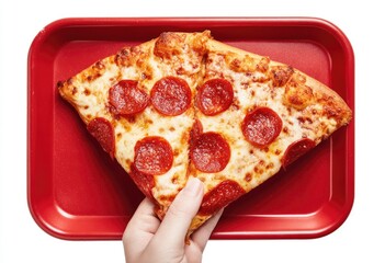 Two pizza slices with pepperoni held above a red tray against a white background