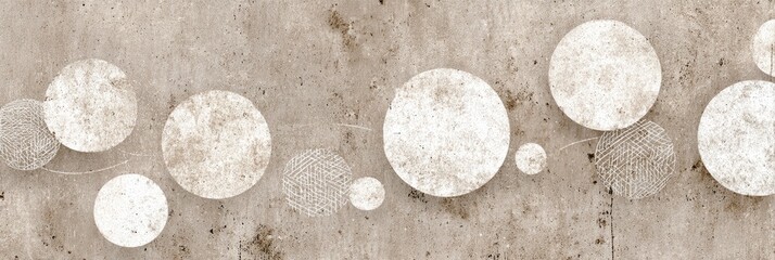 An abstract composition of textured circles, varying in size, overlaying a speckled, neutral-toned surface