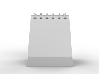 3D mockup of a blank standing desk calendar with spiral binding on isolated background. Ideal for branding, stationery design, schedule templates, office planner or notepad and product presentation.