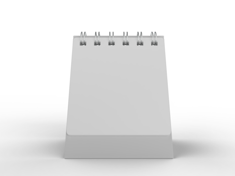 3D mockup of a blank standing desk calendar with spiral binding on isolated background. Ideal for branding, stationery design, schedule templates, office planner or notepad and product presentation.