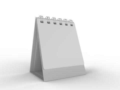 3D mockup of a blank standing desk calendar with spiral binding on isolated background. Ideal for branding, stationery design, schedule templates, office planner or notepad and product presentation.