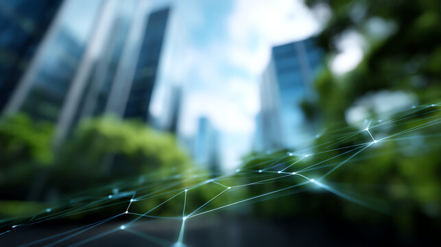 Futuristic digital network overlay with glowing connection points set against a blurred cityscape featuring skyscrapers and greenery on a bright day