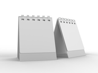 3D mockup of a blank standing desk calendar with spiral binding on isolated background. Ideal for branding, stationery design, schedule templates, office planner or notepad and product presentation.