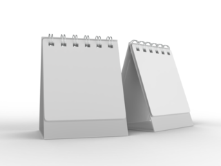 3D mockup of a blank standing desk calendar with spiral binding on isolated background. Ideal for branding, stationery design, schedule templates, office planner or notepad and product presentation.