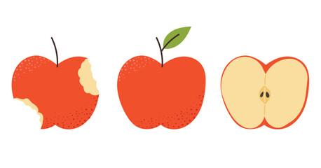 Red apple with leaf, Bitten fresh apple and half cut