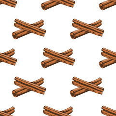 Hand drawn vintage seamless pattern of cinnamon sticks in warm brown color, isolated vector spice food background
