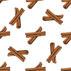 Hand drawn vintage seamless pattern of cinnamon sticks in warm brown color, isolated vector spice food background