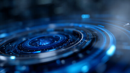 Futuristic blue digital interface with concentric circular patterns, glowing data points, and technological elements representing advanced technology and innovation in a high-tech environment