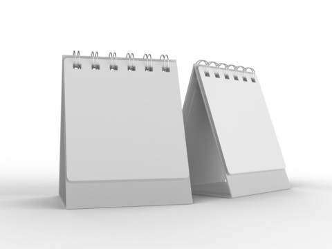 3D mockup of a blank standing desk calendar with spiral binding on isolated background. Ideal for branding, stationery design, schedule templates, office planner or notepad and product presentation.