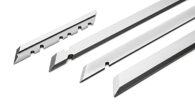 Closeup of various sharp metal cutting blades, showcasing precision engineering and industrial applications