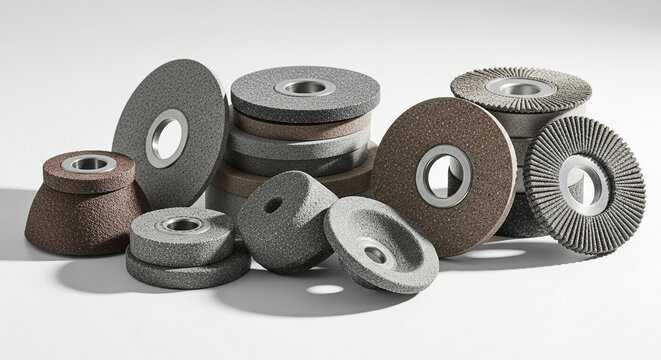Various abrasive grinding wheels and brushes for metalworking, arranged on a white background