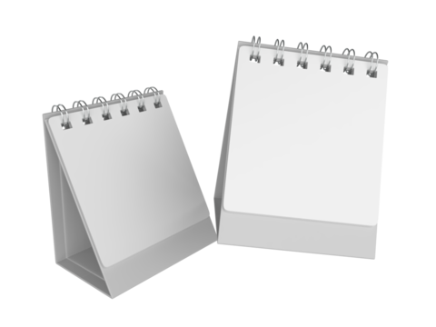 3D mockup of a blank standing desk calendar with spiral binding on isolated background. Ideal for branding, stationery design, schedule templates, office planner or notepad and product presentation.
