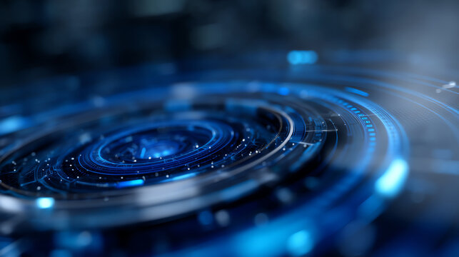 Futuristic blue digital interface with concentric circular patterns, glowing data points, and technological elements representing advanced technology and innovation in a high-tech environment