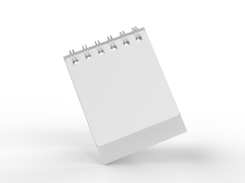 3D mockup of a blank standing desk calendar with spiral binding on isolated background. Ideal for branding, stationery design, schedule templates, office planner or notepad and product presentation.