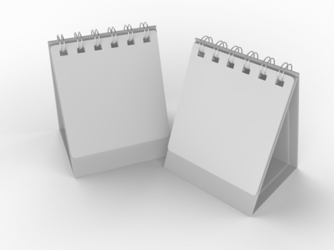 3D mockup of a blank standing desk calendar with spiral binding on isolated background. Ideal for branding, stationery design, schedule templates, office planner or notepad and product presentation.