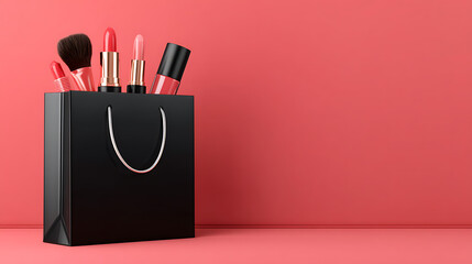 Makeup shopping haul stylish black bag with beauty products modern studio still life close-up