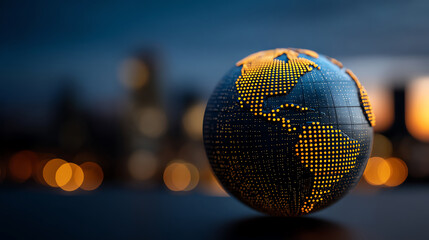 A digital globe with illuminated yellow dots highlights the Americas against a dark blue background, set before a blurred cityscape with warm bokeh lights