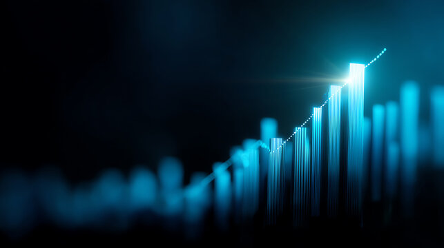 Glowing blue bar chart with ascending vertical lines and dotted trend line on dark background, representing data growth, progress, and financial or technological advancement