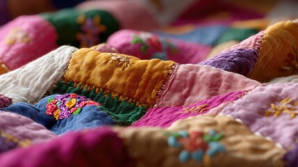 Colorful Handcrafted Quilt Showing Intricate Patterns and Rich Textures in a Close-Up View