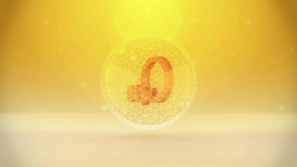 Coenzyme Q10 symbol spinning in a golden honeycomb sphere representing anti aging nutrition and supplements on a bright yellow background with glowing particles