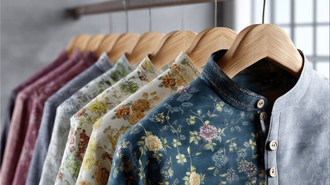 Elegant Collection of Floral Patterned Shirts Hanging on Wooden Hangers in a Stylish Interior Setting